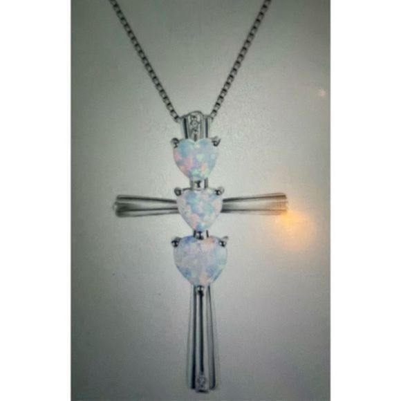 Unique white opal HEARTS ON STERLING SILVER CROSS NECKLACE - Picture 1 of 3